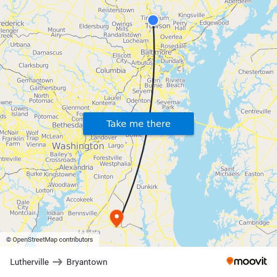 Lutherville to Bryantown map