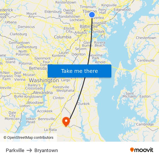 Parkville to Bryantown map