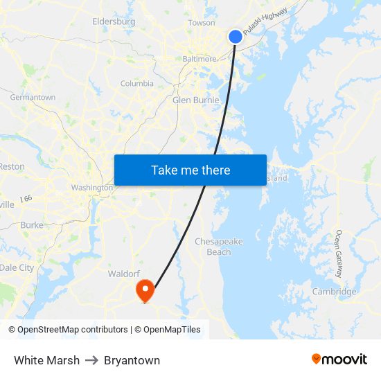 White Marsh to Bryantown map