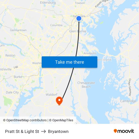 Pratt St & Light St to Bryantown map