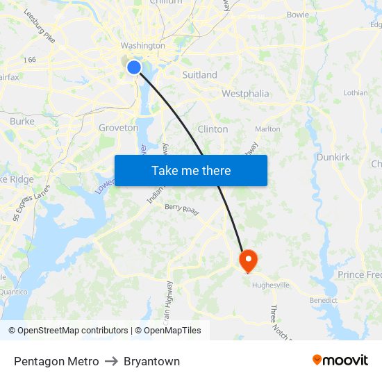 Pentagon Metro to Bryantown map