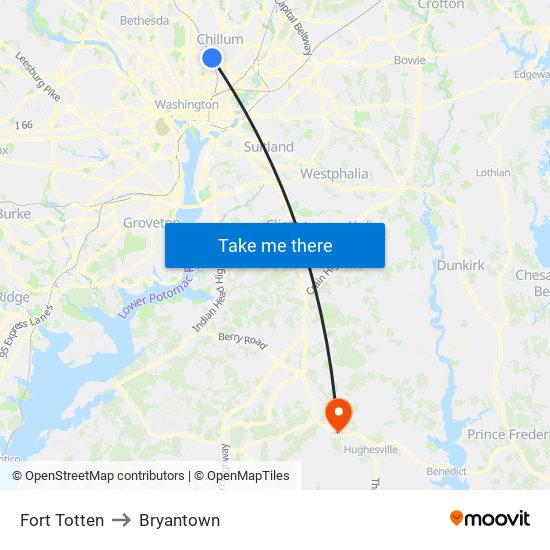 Fort Totten to Bryantown map