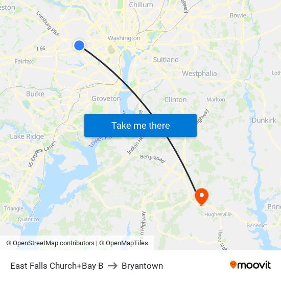 East Falls Church+Bay B to Bryantown map