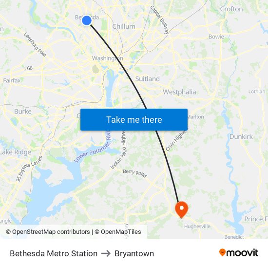 Bethesda Metro Station to Bryantown map