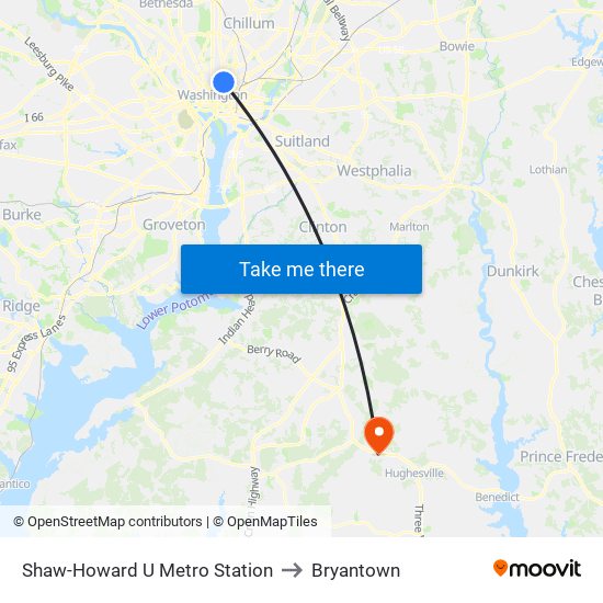 Shaw-Howard U Metro Station to Bryantown map