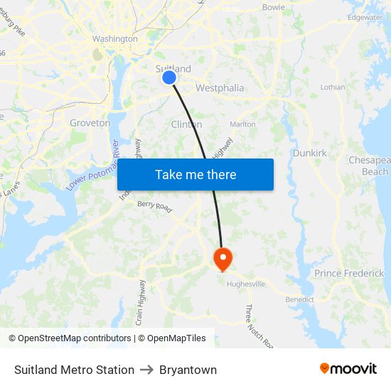 Suitland Metro Station to Bryantown map