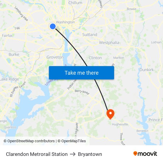 Clarendon Metrorail Station to Bryantown map