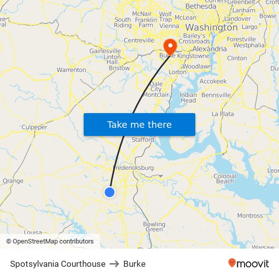 Spotsylvania Courthouse to Burke map