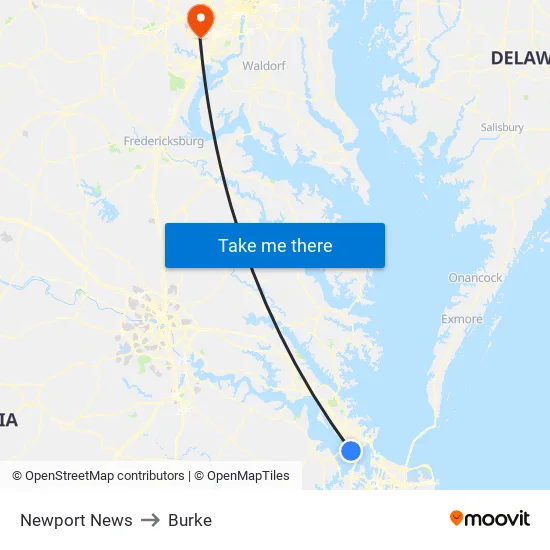 Newport News to Burke map