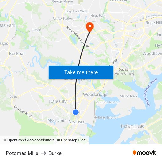 Potomac Mills to Burke map