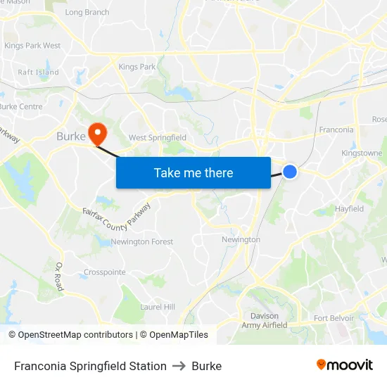 Franconia Springfield Station to Burke map