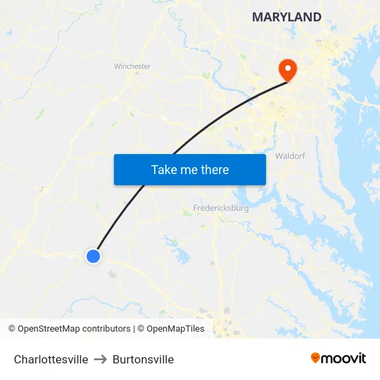 Charlottesville to Burtonsville map