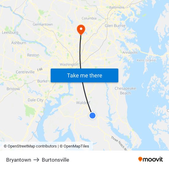 Bryantown to Burtonsville map