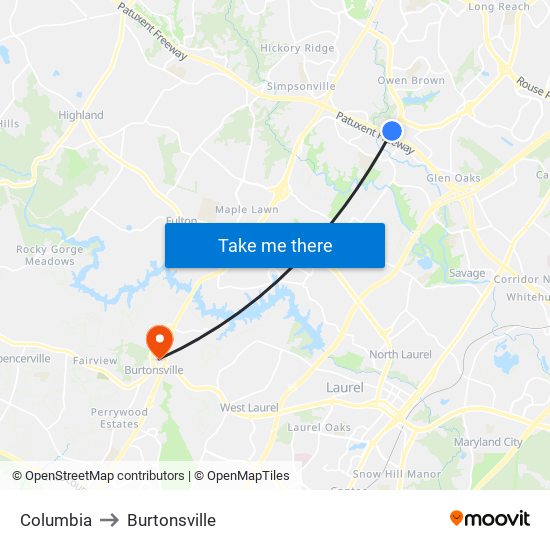 Columbia to Burtonsville map