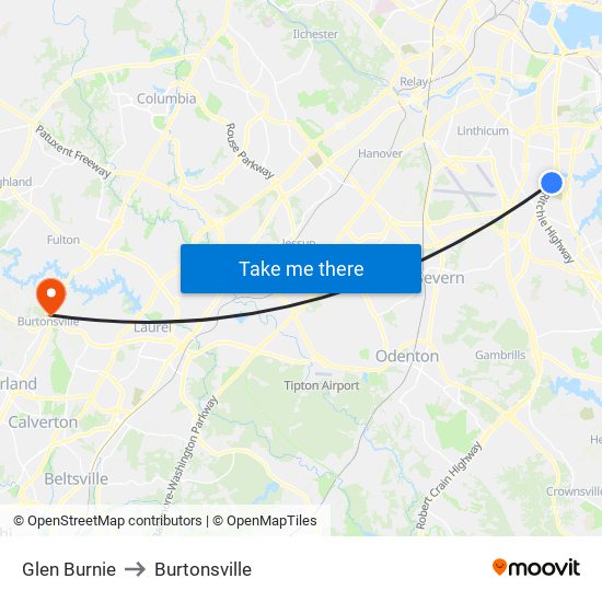 Glen Burnie to Burtonsville map