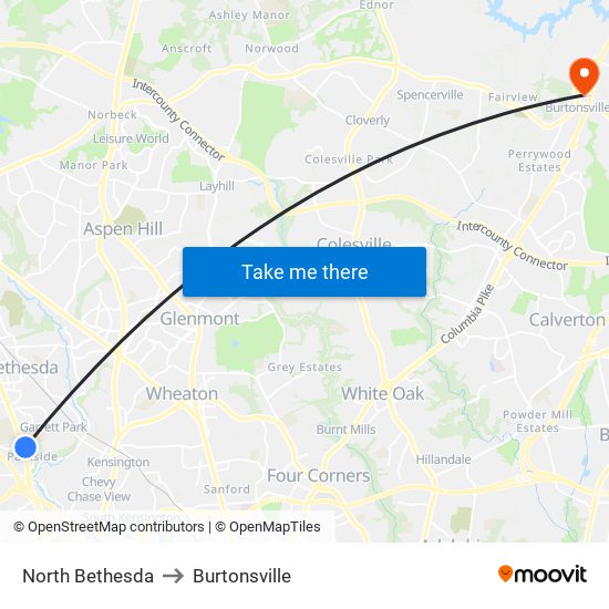 North Bethesda to Burtonsville map