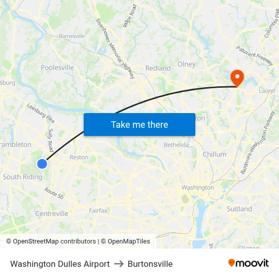 Washington Dulles Airport to Burtonsville map