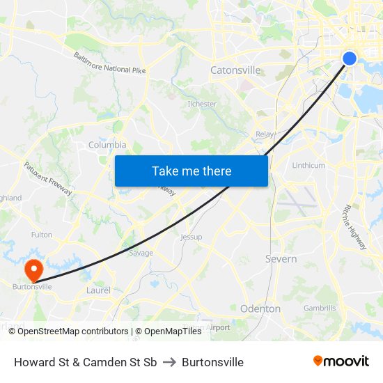 Howard St & Camden St Sb to Burtonsville map