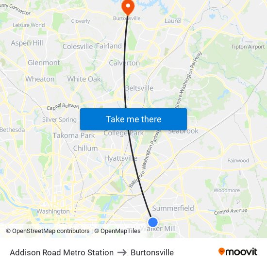 Addison Road Metro Station to Burtonsville map