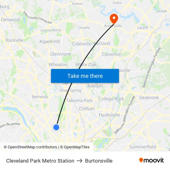 Cleveland Park Metro Station to Burtonsville map