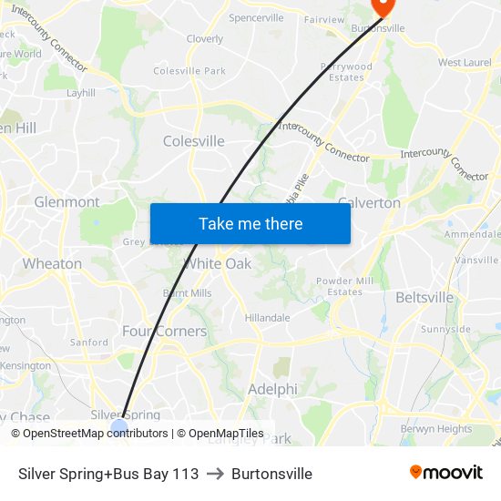 Silver Spring+Bay 113 to Burtonsville map