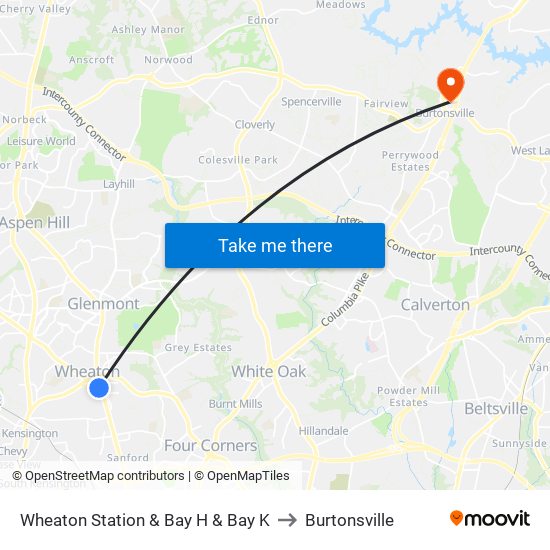 Wheaton Station  & Bay H & Bay K to Burtonsville map