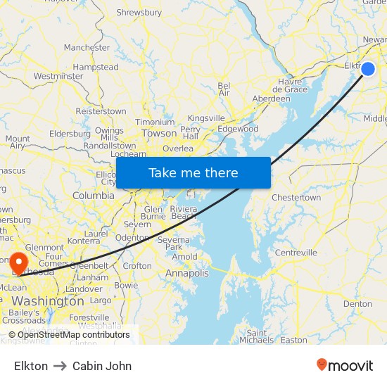 Elkton to Cabin John map