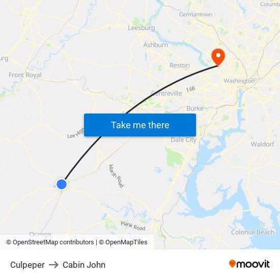 Culpeper to Cabin John map