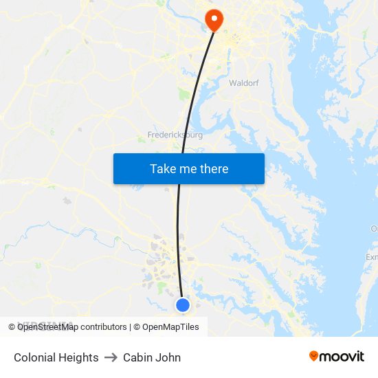 Colonial Heights to Cabin John map