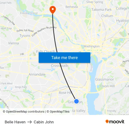 Belle Haven to Cabin John map