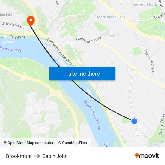 Brookmont to Cabin John map