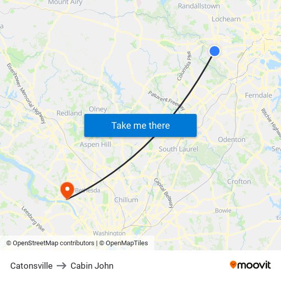 Catonsville to Cabin John map