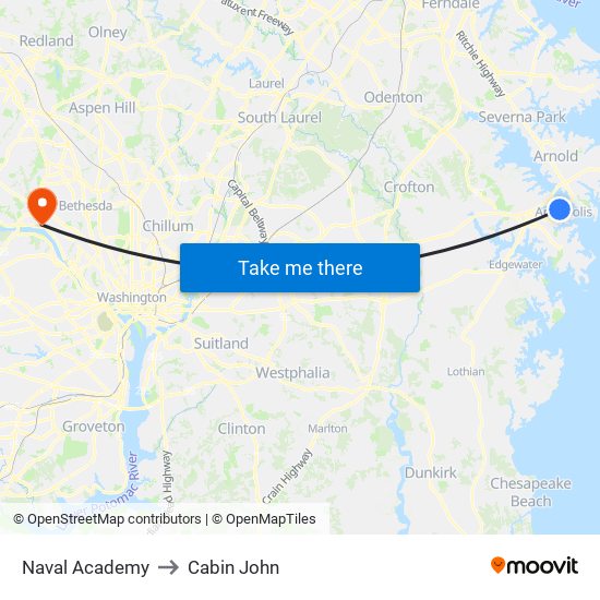 Naval Academy to Cabin John map