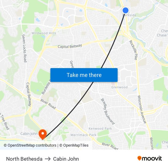 North Bethesda to Cabin John map