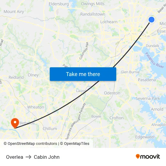 Overlea to Cabin John map