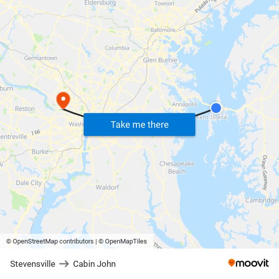 Stevensville to Cabin John map