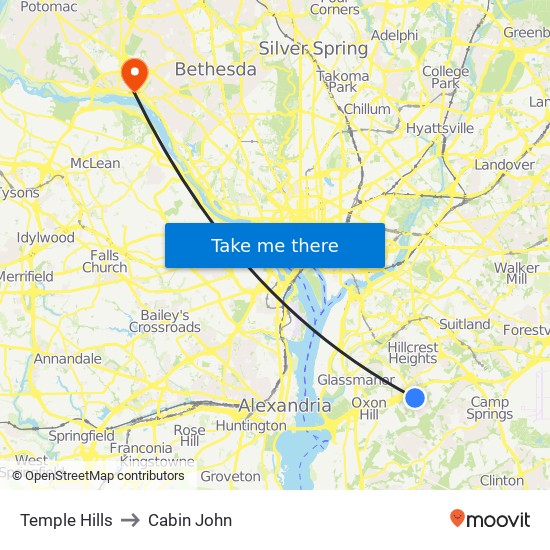 Temple Hills to Cabin John map