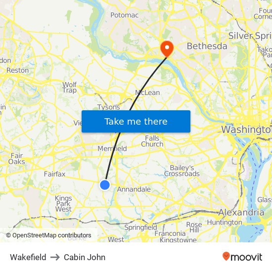 Wakefield to Cabin John map