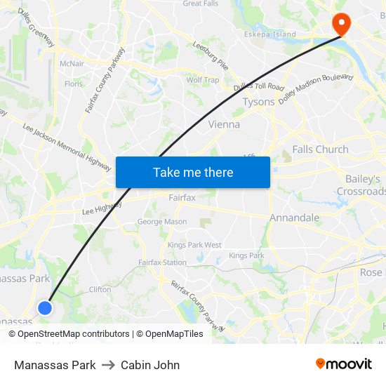 Manassas Park to Cabin John map