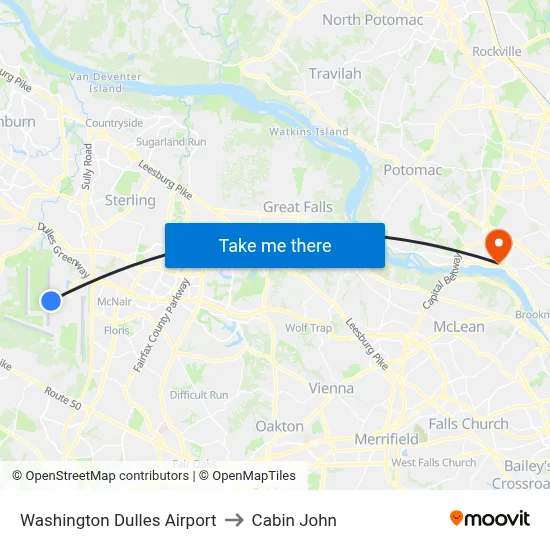 Washington Dulles Airport to Cabin John map