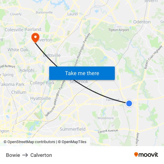 Bowie to Calverton map