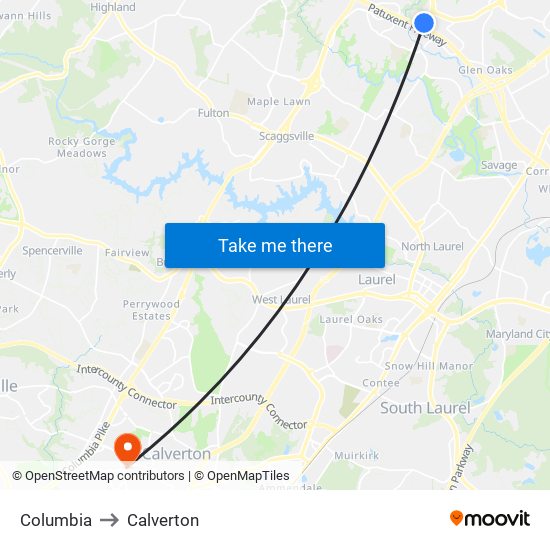 Columbia to Calverton map