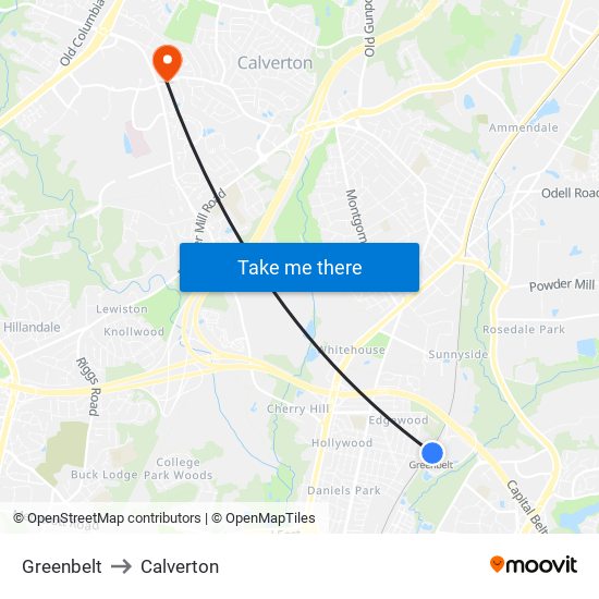 Greenbelt to Calverton map