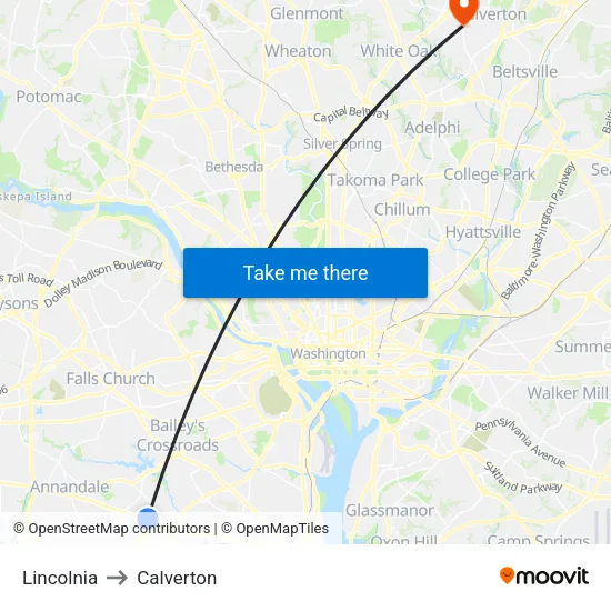 Lincolnia to Calverton map