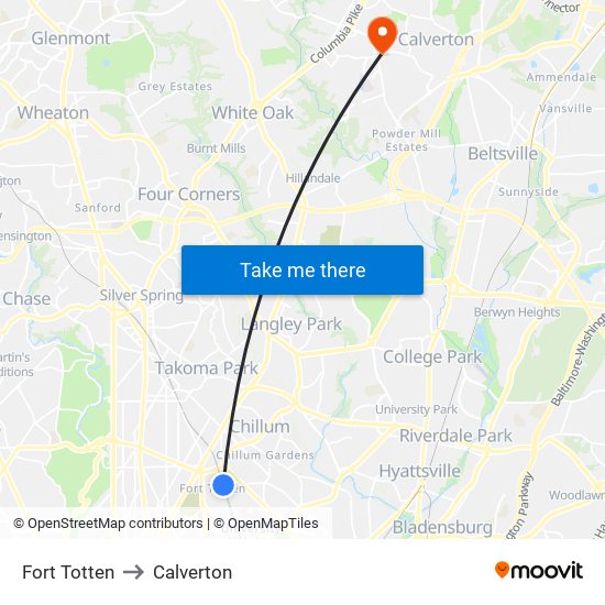 Fort Totten to Calverton map