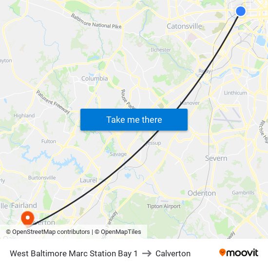 West Baltimore Marc Station Bay 1 to Calverton map