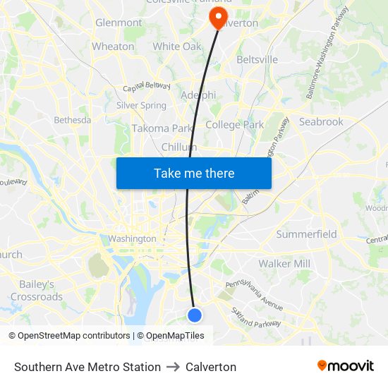 Southern Ave Metro Station to Calverton map