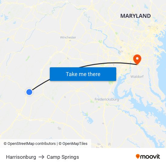 Harrisonburg to Camp Springs map