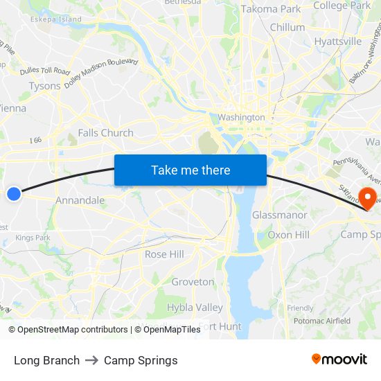 Long Branch to Camp Springs map