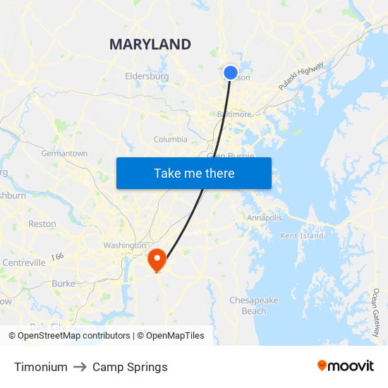 Timonium to Camp Springs map